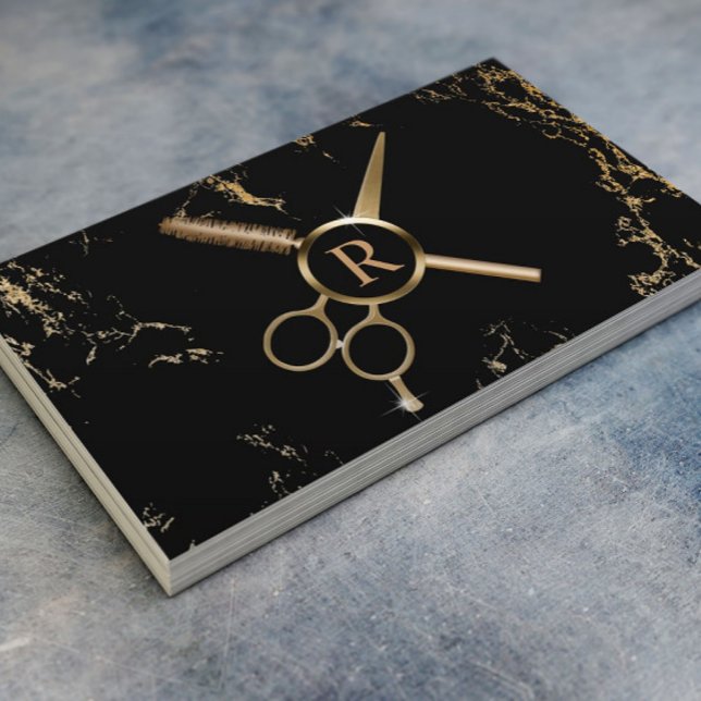 Hair Stylist Monogram Luxury Black & Guld Marble Visitkort (Skapare uppladdad)