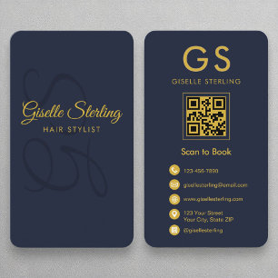 Hair Stylist Monogram Navy Blue Guld QR-kod Visitkort