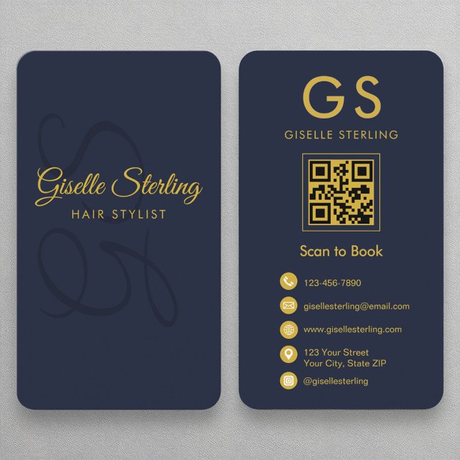 Hair Stylist Monogram Navy Blue Guld QR-kod Visitkort (Skapare uppladdad)