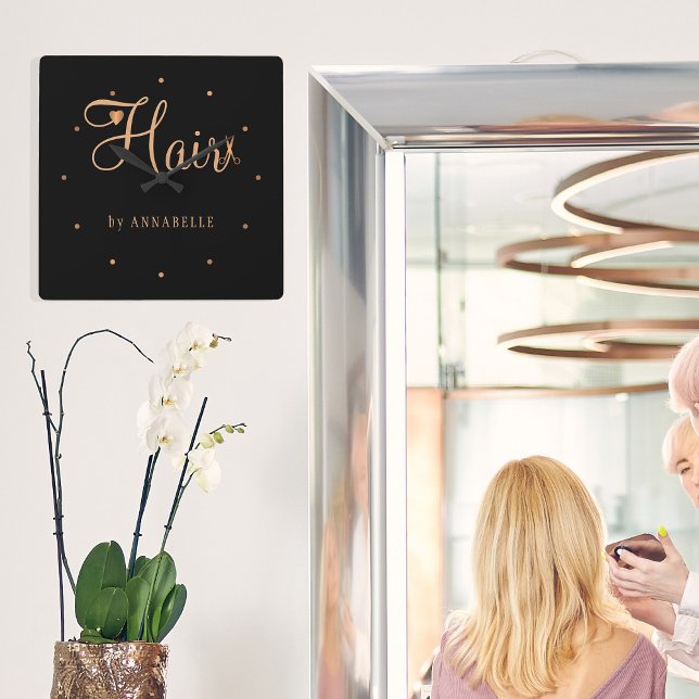 Hair stylist namn guld svart elegant glam logotyp fyrkantig klocka (Skapare uppladdad)