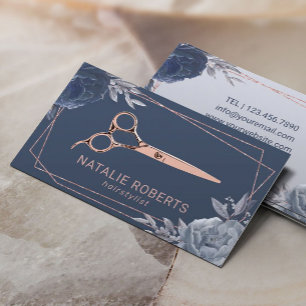 Hair Stylist Navy Blommigt Geometric Ro Guld Ram Visitkort