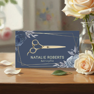 Hair Stylist Navy Blue Blommigt Geometric Guld Ram Visitkort