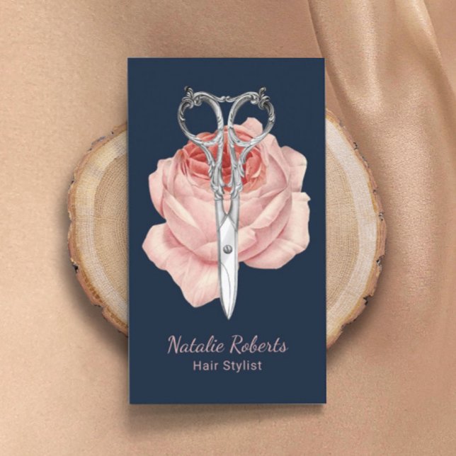 Hair Stylist Navy Blue Scissor & Ro Beauty Salon Visitkort (Skapare uppladdad)