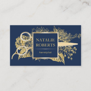 Hair Stylist Navy & Guld Blommigt Beauty Salon Visitkort