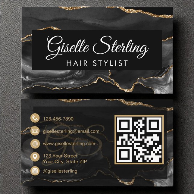 Hair Stylist QR Code Black Guld Agate Luxury Visitkort (Skapare uppladdad)