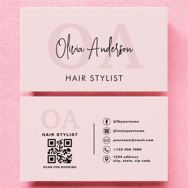 Hair Stylist QR Code Monogram  Rosa Visitkort (Skapare uppladdad)