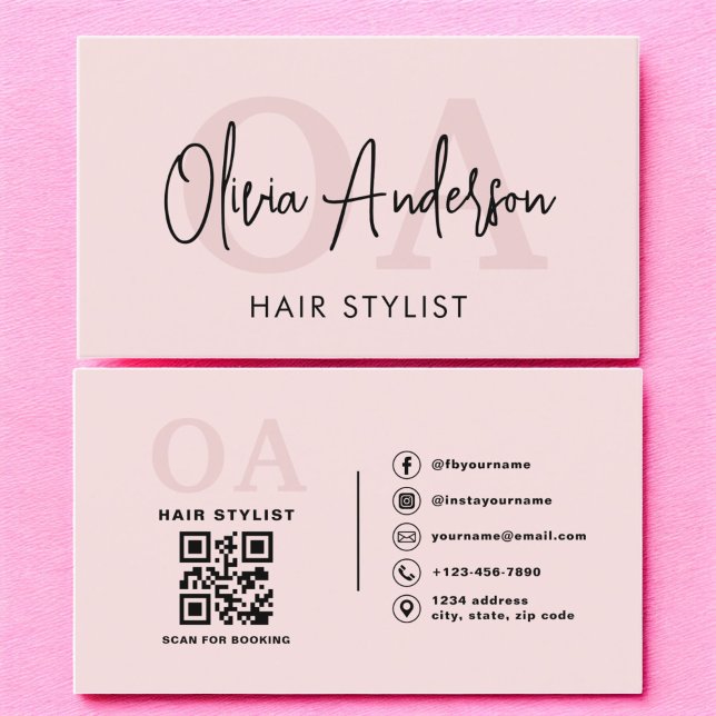 Hair Stylist QR Code Monogram  Rosa Visitkort (Skapare uppladdad)
