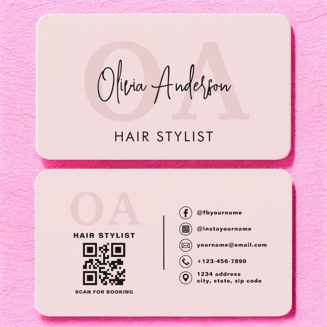 Hair Stylist QR Code Monogram  Rosa Visitkort (Skapare uppladdad)
