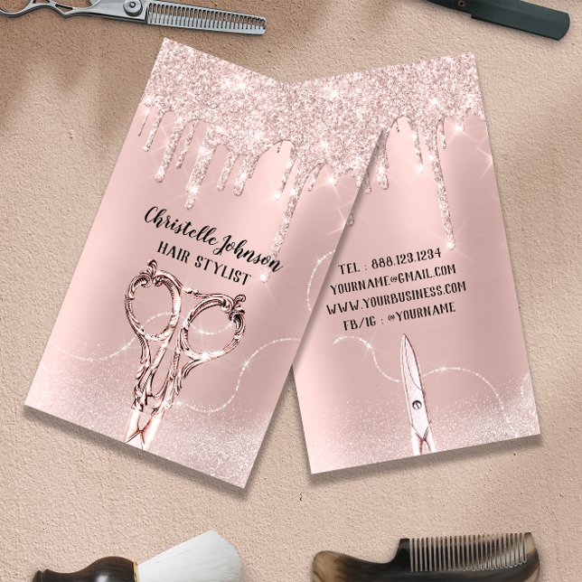 Hair Stylist Ro DripGlitter Hairdresser Scissors Visitkort (Hair Stylist Rose DripGlitter Hairdresser Scissors Business Card)