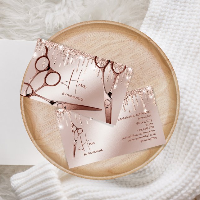 Hair stylist ro guld modern typografsax visitkort (rose gold scissors)