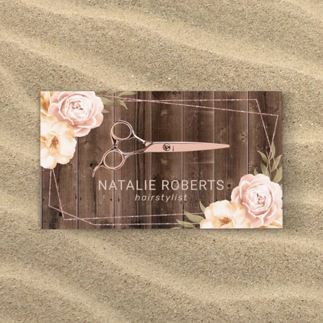 Hair Stylist Ro Guld Scissor Rustic Blommigt Visitkort (Skapare uppladdad)