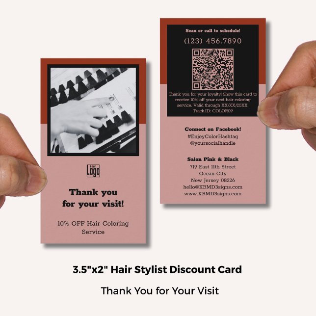 Hair Stylist Rosa Black & Red Tack Loyalty Rabattkort (Hair Stylist Pink Black & Red Thank You Loyalty Discount Card; Standard Size: 3.5x2 Inch (US))