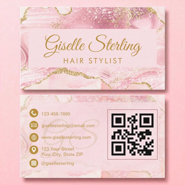 Hair Stylist  Rosa Guld Agate QR-kod Visitkort (Skapare uppladdad)