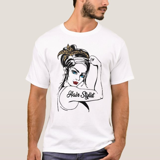 Hair Stylist Rosie Riveter Leopard Cheetah T Shirt (Framsida)