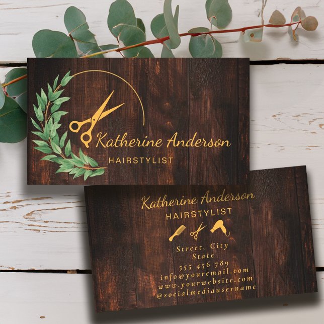 Hair Stylist Rustic Wood Greenery Guld Visitkort (Hair Stylist Rustic Wood Greenery Gold Business Card)
