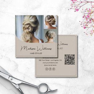 Hair Stylist Salon 3 Foton QR Code Beige Fyrkantigt Visitkort