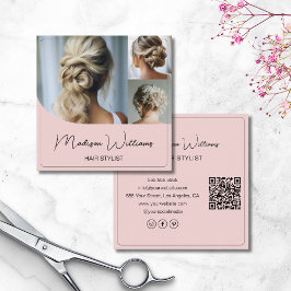 Hair Stylist Salon 3 Foton QR Rosa Fyrkantigt Visitkort