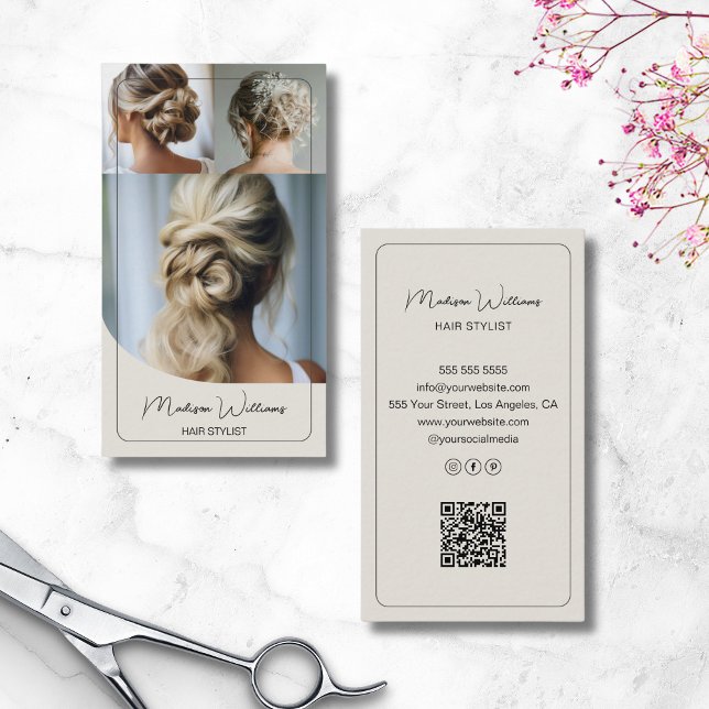 Hair Stylist Salon Anpassningsbar 3 Foton QR-kod Visitkort (Hair Stylist Salon Custom 3 Photos QR Code Business Card)