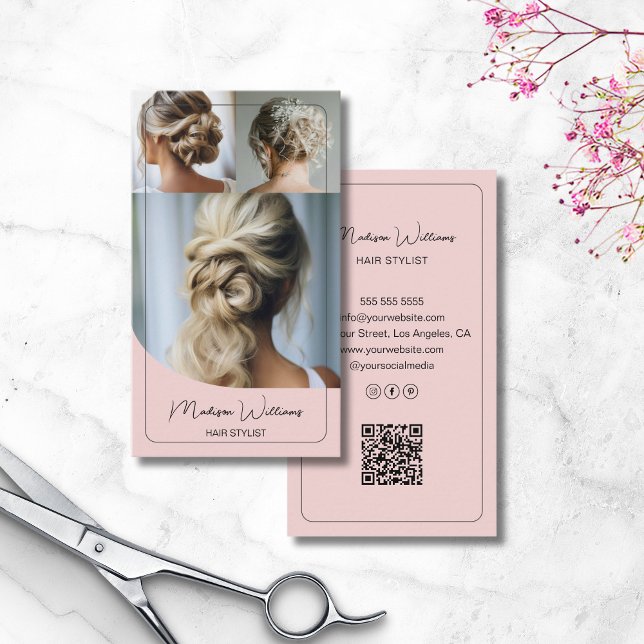 Hair Stylist Salon Anpassningsbar 3 Foton QR Rosa Visitkort (Hair Stylist Salon Custom 3 Photos QR Pink Business Card)