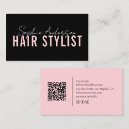 Hair Stylist Salon Black and Pink QR Code Visitkort