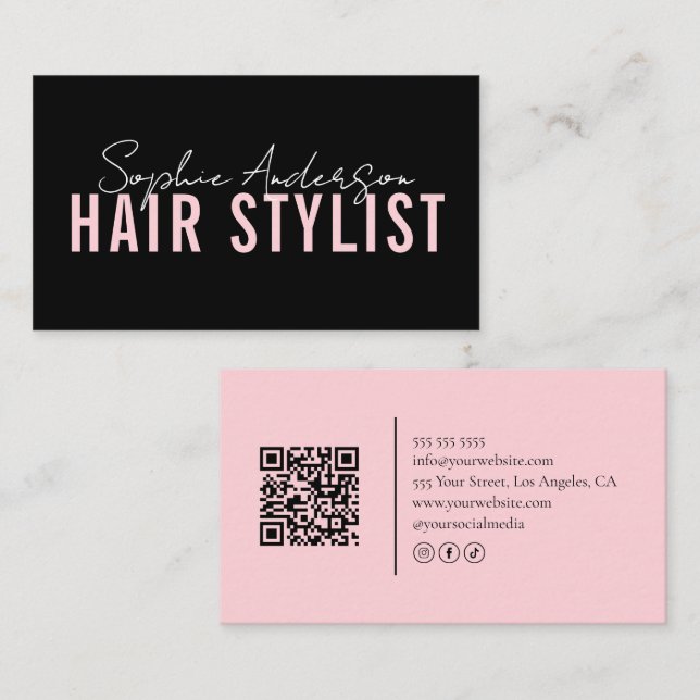 Hair Stylist Salon Black and Pink QR Code Visitkort (Fram/baksida)