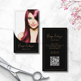 Hair Stylist Salon Custom Photo QR Black Gold Visitkort