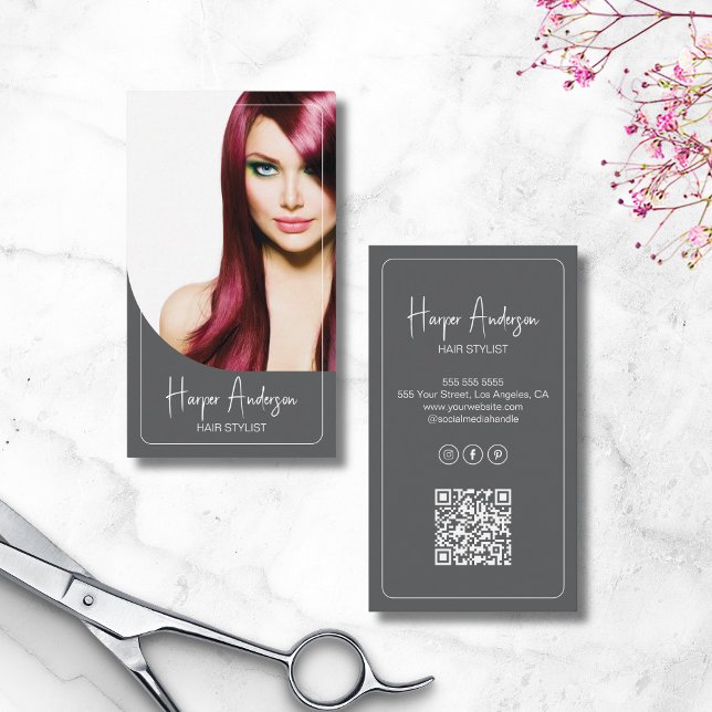 Hair Stylist Salon Custom Photo QR Gray Visitkort (Hair Stylist Salon Custom Photo QR Gray Business Card)