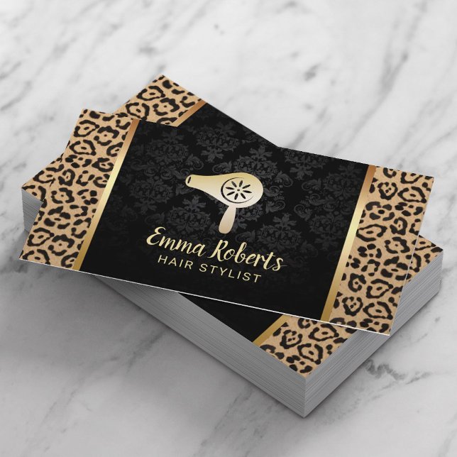 Hair Stylist Salon Dryer Pub Modern Leopard Damask Visitkort (Skapare uppladdad)