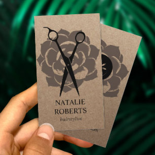 Hair Stylist Salon Flower & Scissor Rustic Kraft Visitkort
