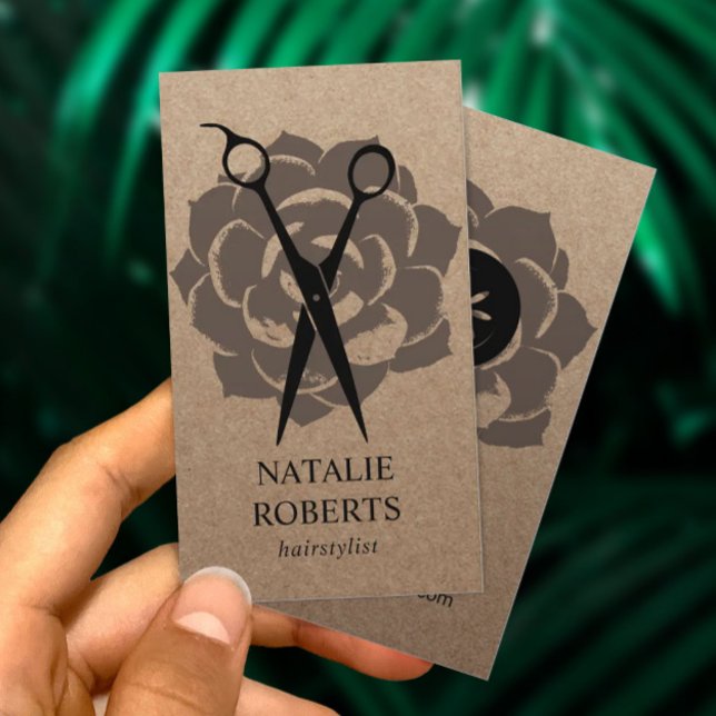 Hair Stylist Salon Flower & Scissor Rustic Kraft Visitkort (Skapare uppladdad)
