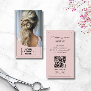 Hair Stylist Salon Logotyp Photo QR Code Rosa Visitkort