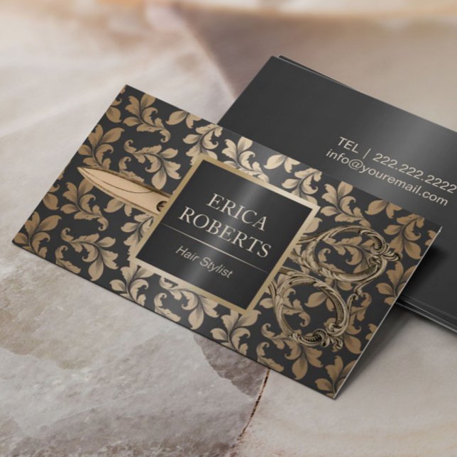 Hair Stylist Salon Luxury Black & Guld Metallic Visitkort (Skapare uppladdad)