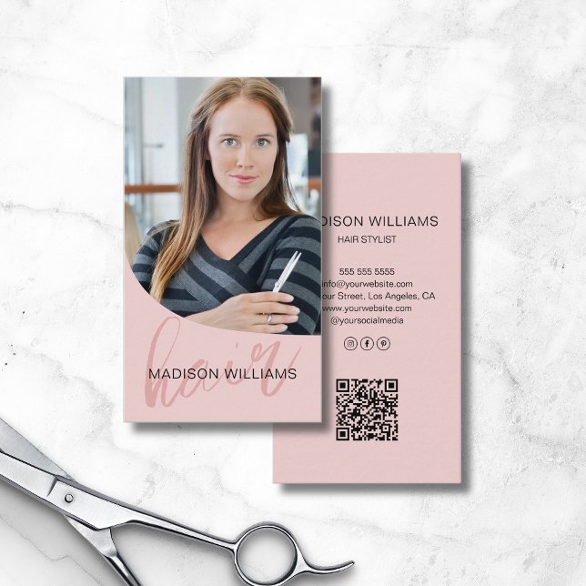 Hair Stylist Salon Photo QR Rosa Visitkort (Hair Stylist Salon Photo QR Pink Business Card)