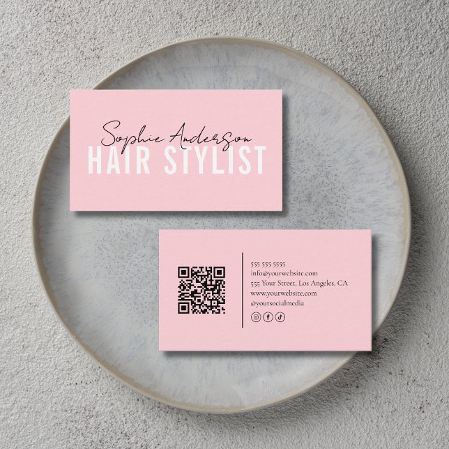 Hair Stylist Salon Pink QR Code Visitkort (Hair Stylist Salon Pink QR Code Business Card)