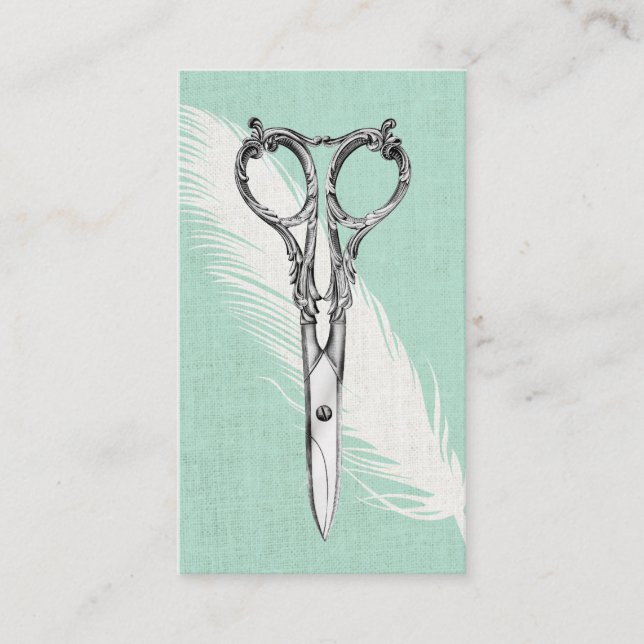 Hair Stylist Scissor & Feather Classy Linen Modern Visitkort (Framsida)
