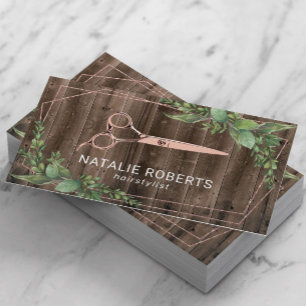 Hair Stylist Scissor Geometric Greenery Wood Visitkort