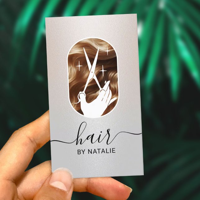 Hair Stylist Scissor Logotyp Modern Silver Salon Visitkort (Skapare uppladdad)