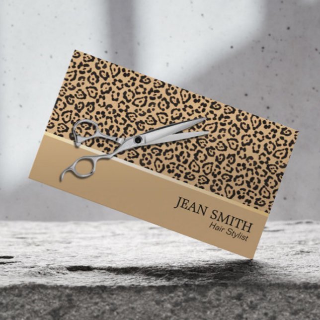 Hair Stylist Scissor Modern Beige Leopard Salon Visitkort (Skapare uppladdad)