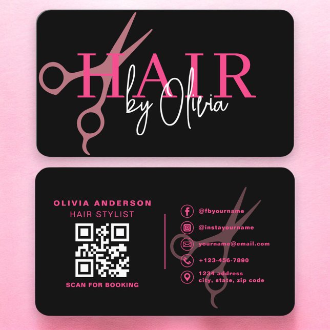 Hair Stylist Scissors Black Pink QR Code  Visitkort (Skapare uppladdad)