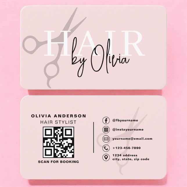 Hair Stylist Scissors Blush Pink QR Code  Visitkort (Skapare uppladdad)