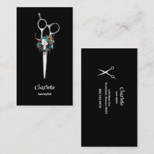 Hair Stylist Scissors Cow Skull Flowers Visitkort