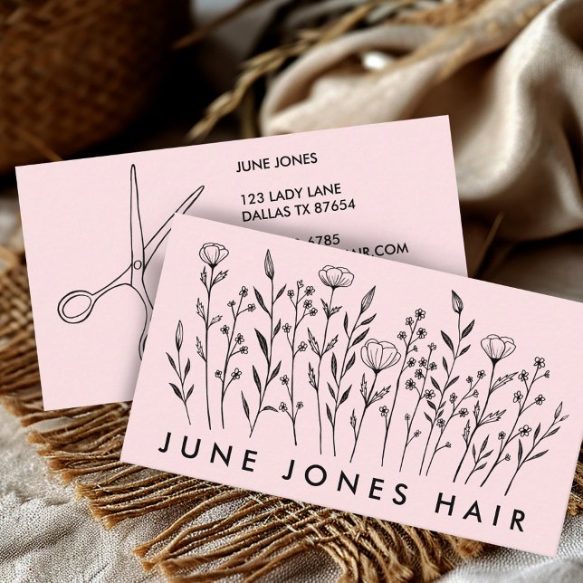 Hair Stylist Scissors Elegant Wildblommor  Visitkort (Hair Stylist Scissors Elegant Wildflowers Blush Business Card Line Art Social Media Icons)
