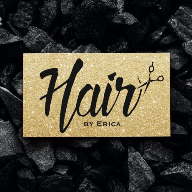Hair Stylist Script Modern Guld Glitter Hair Salon Visitkort (Skapare uppladdad)