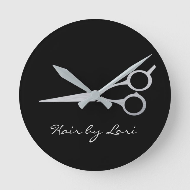 Hair Stylist Silver Black Scissors Personlig Rund Klocka (Framsida)