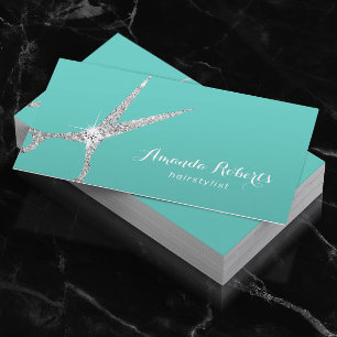 Hair Stylist Silver Glitter Scissor Salon Teal Visitkort