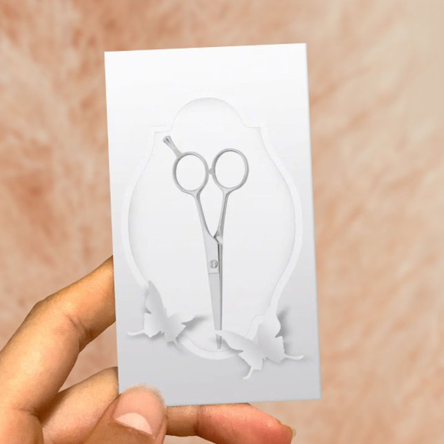 Hair Stylist Silver Scissor & Butterfly Papper Art Visitkort (Skapare uppladdad)