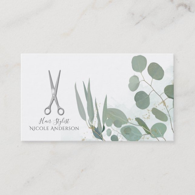 Hair Stylist Silver Scissors Eucalyptus Guld Visitkort (Framsida)