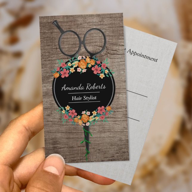 Hair Stylist Sissor & Flowers Wood Möte Tidsbeställning Kort (Skapare uppladdad)