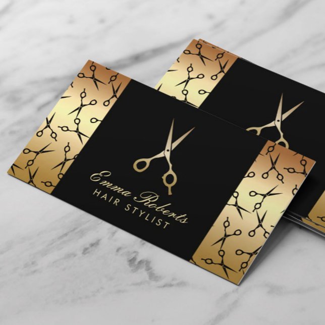 Hair Stylist Sissor Mönster Modern Black & Guld Visitkort (Skapare uppladdad)