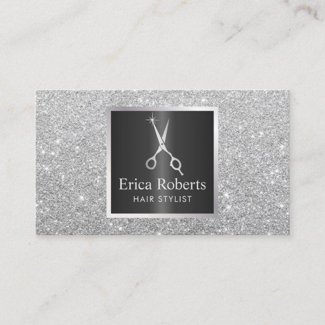 Hair Stylist Sissor Trendig Silver Glitter Salon Visitkort (Framsida)
